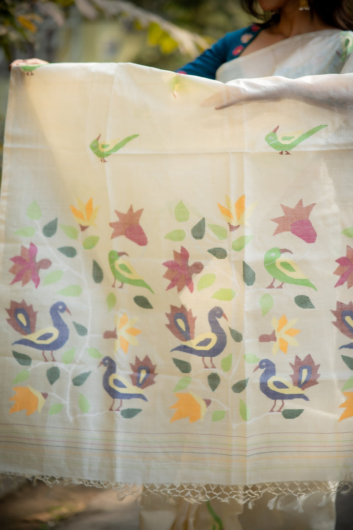 Pakhi Mor Jamini – Pure Tussar Silk Saree with Handwoven Peacock, Parrot &amp; Floral Needlework
