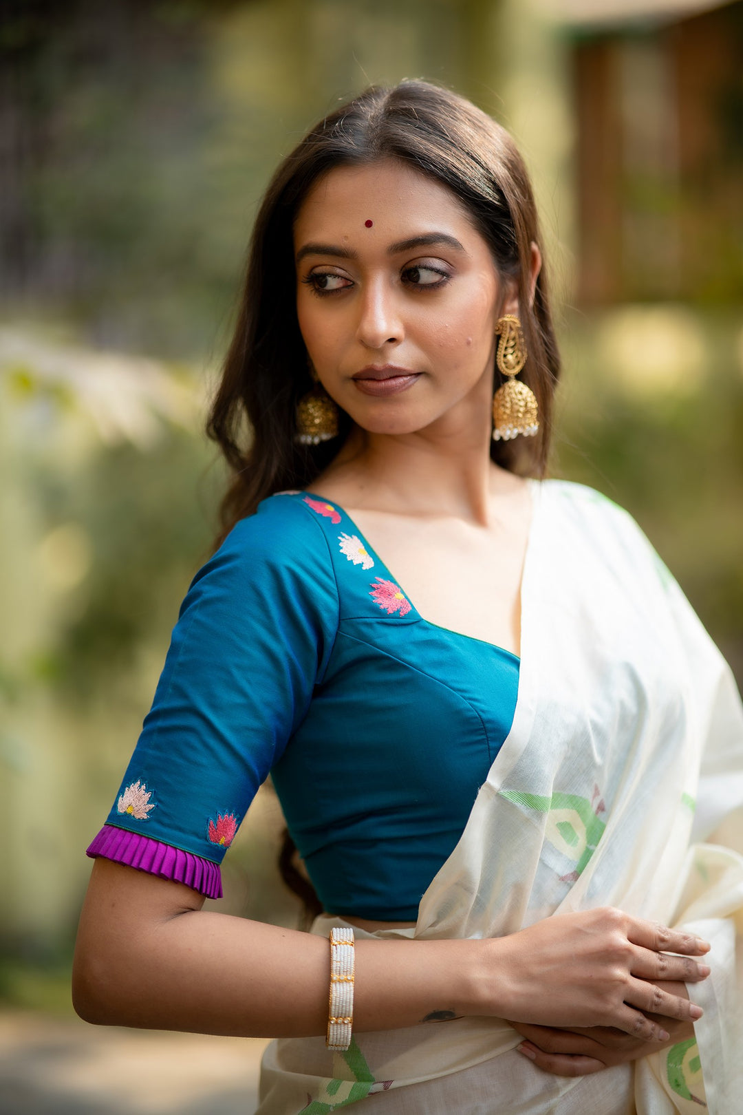 Rajhansini Kantha Embroidered Blue Silk Blouse
