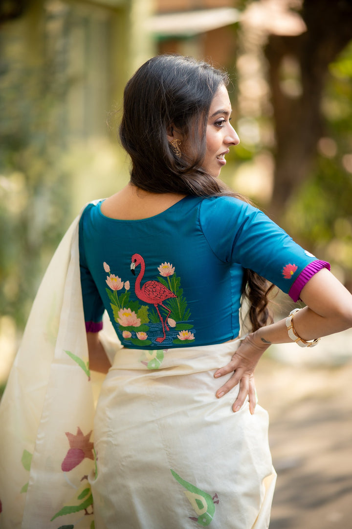 Rajhansini Kantha Embroidered Blue Silk Blouse