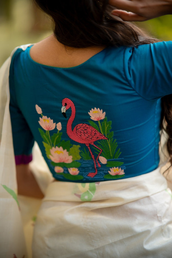 Rajhansini Kantha Embroidered Blue Silk Blouse