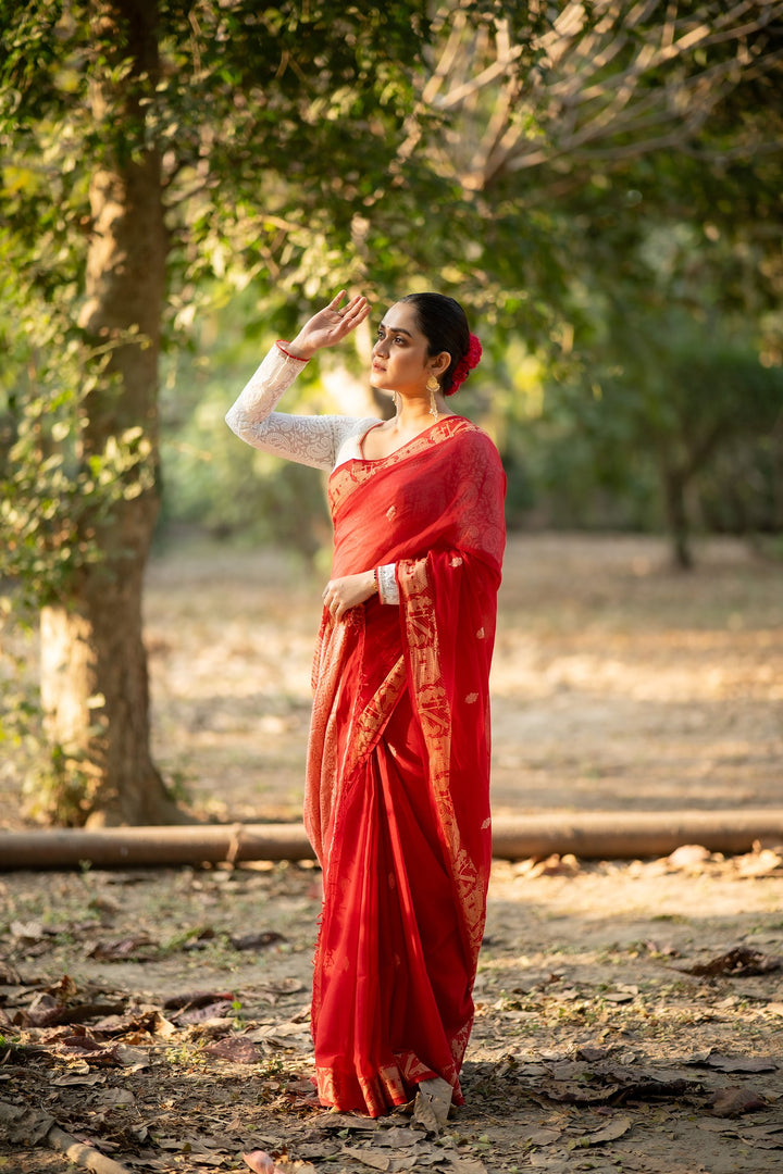 Akhyan – Red Baluchari Cotton Saree