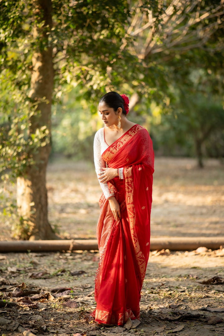 Akhyan – Red Baluchari Cotton Saree