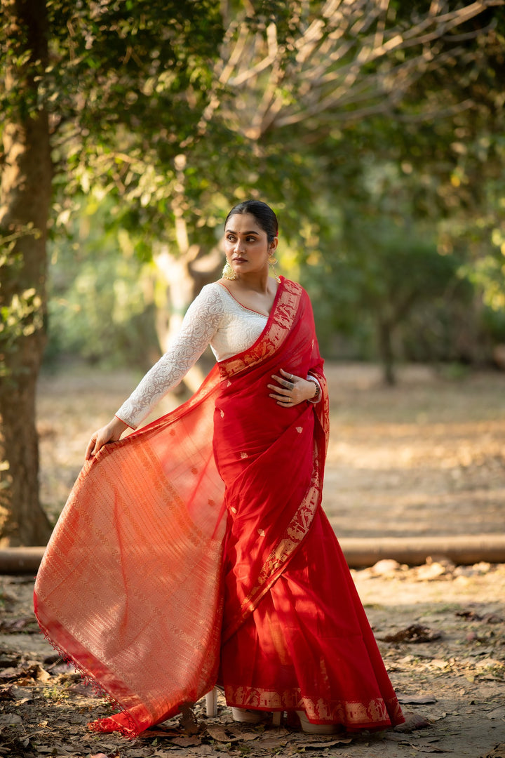 Akhyan – Red Baluchari Cotton Saree