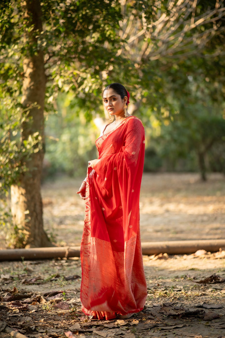 Akhyan – Red Baluchari Cotton Saree