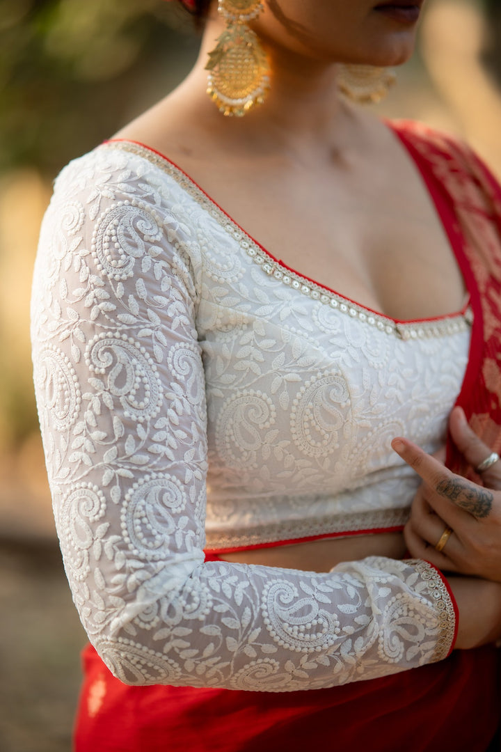 Alia White Pearl Embroidery Chikan Blouse