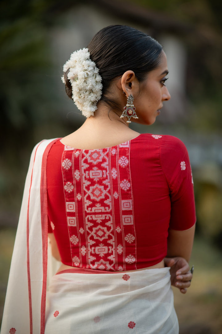 Lal Sada Alpona Jamdani Cotton Blouse