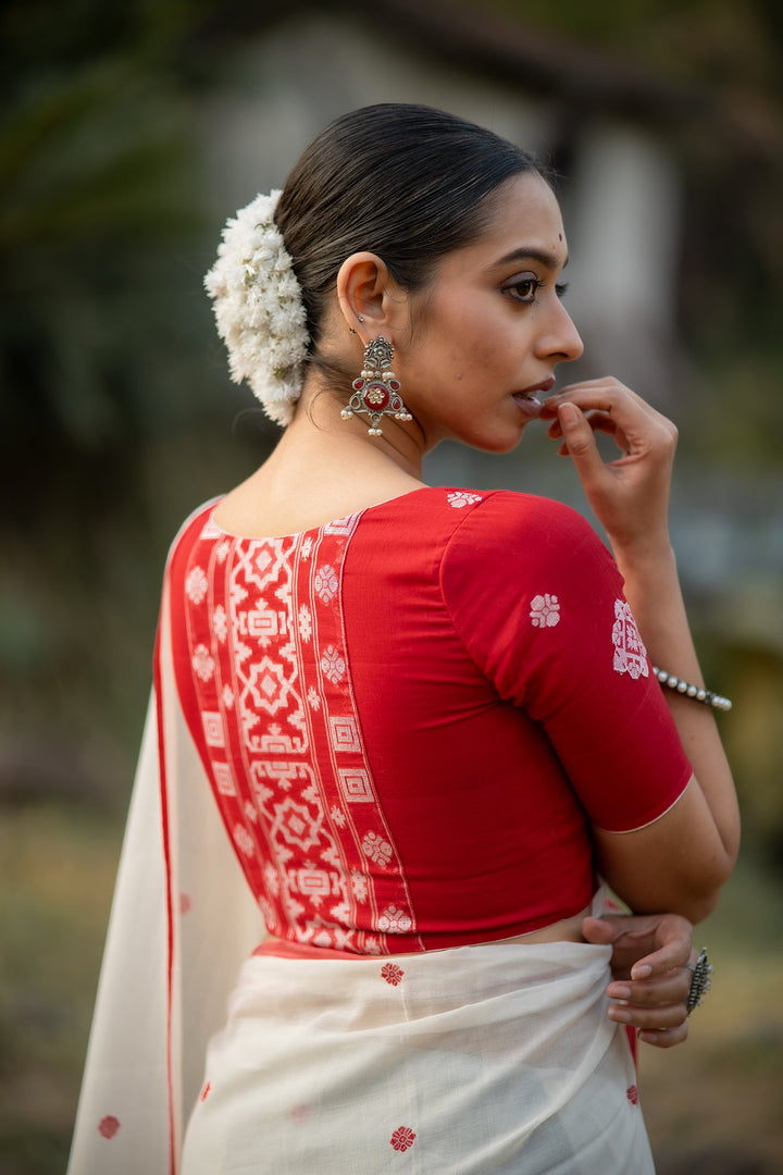 Lal Sada Alpona Jamdani Cotton Blouse