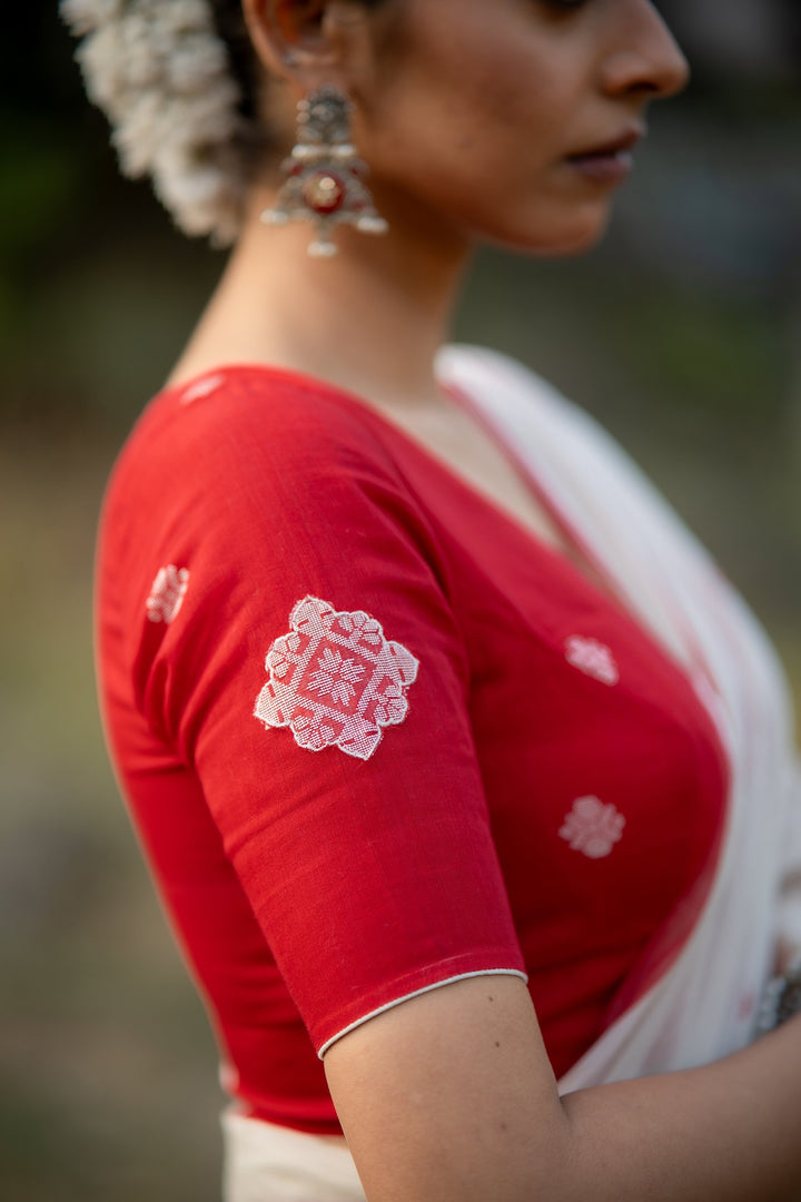 Lal Sada Alpona Jamdani Cotton Blouse