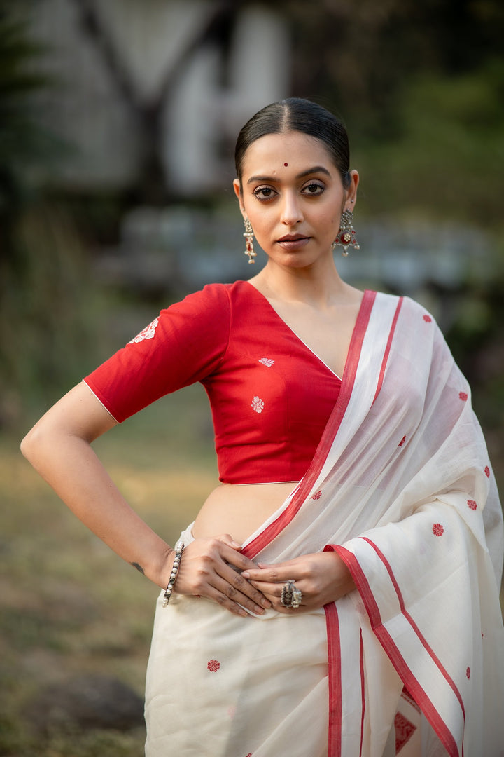 Lal Sada Alpona Jamdani Cotton Blouse