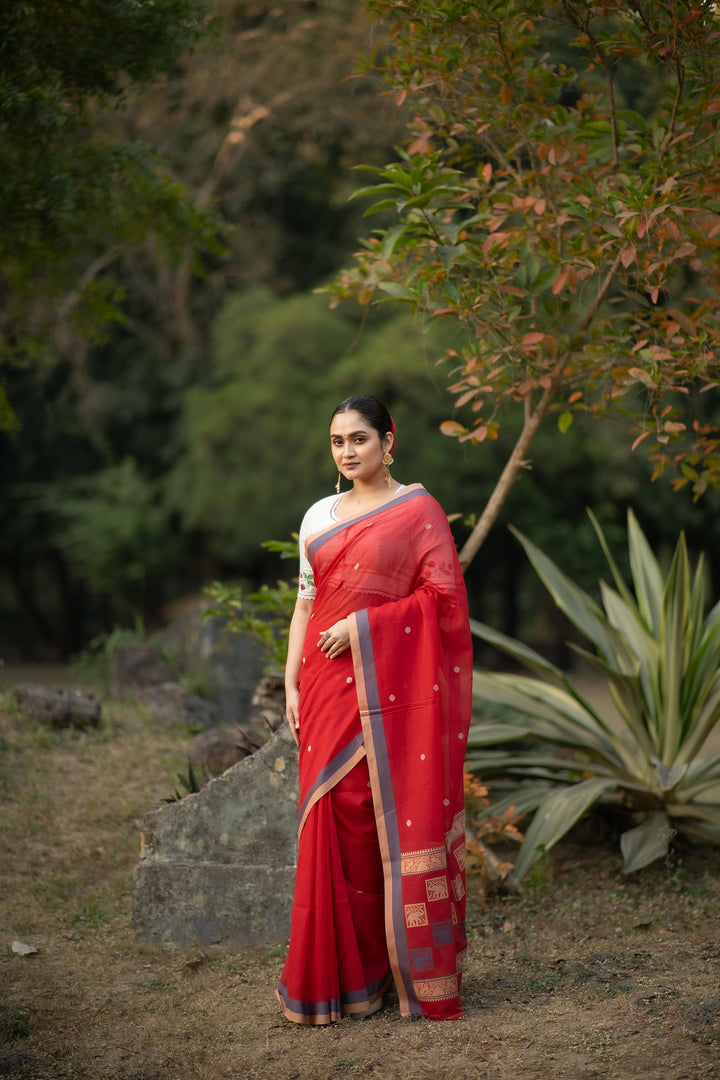 GajKatha – Red Baluchari Cotton Saree