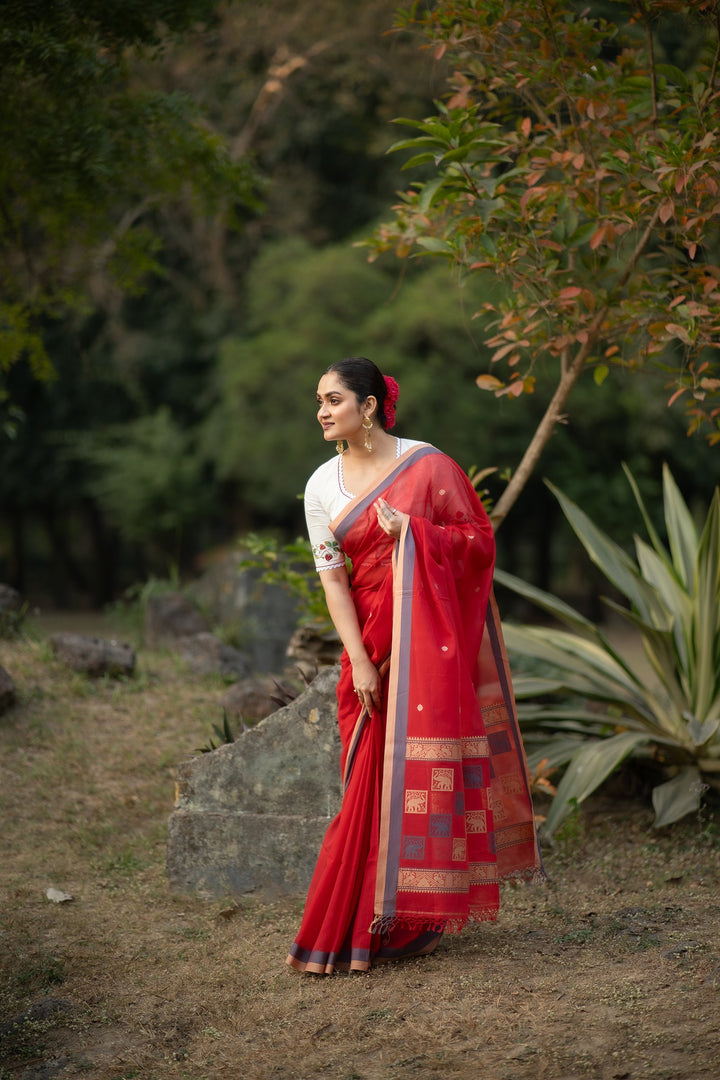 GajKatha – Red Baluchari Cotton Saree