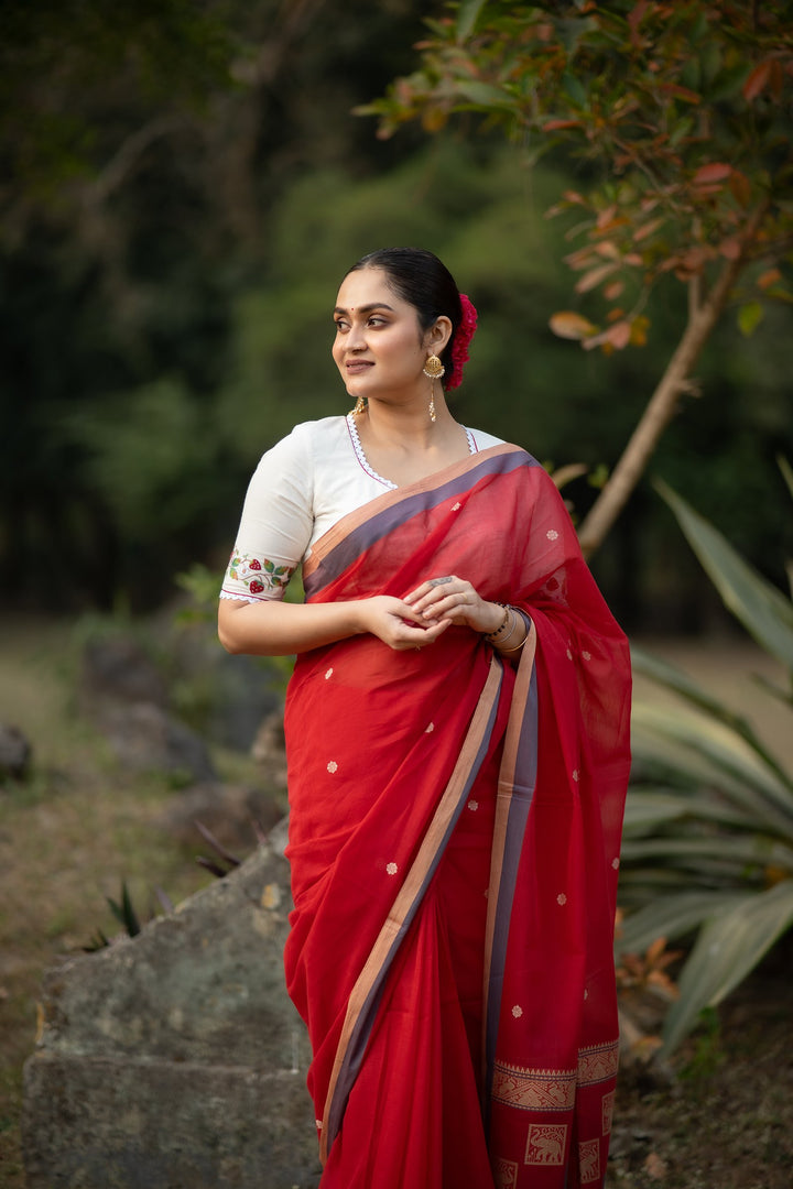 GajKatha – Red Baluchari Cotton Saree