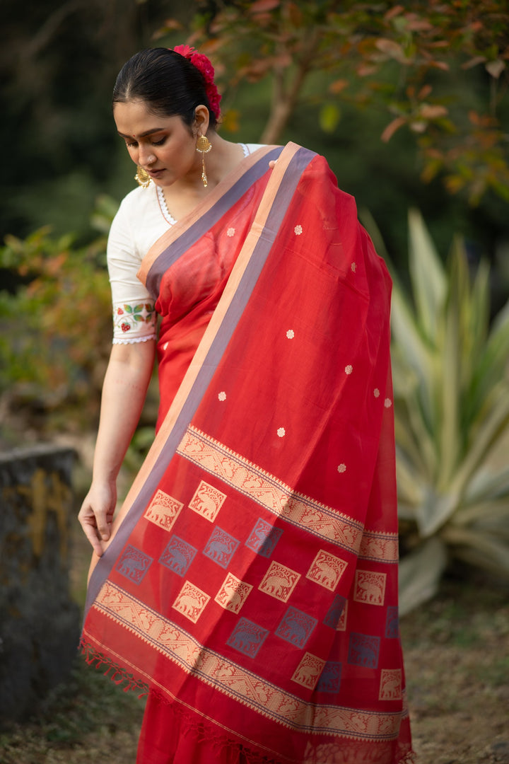 GajKatha – Red Baluchari Cotton Saree