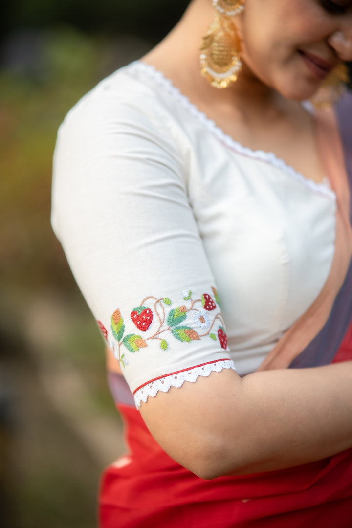 Strawberry Kantha Embroidery Cotton Blouse