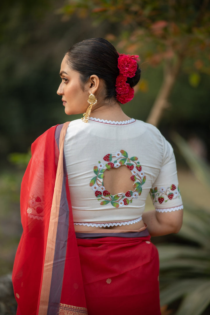 Strawberry Kantha Embroidery Cotton Blouse