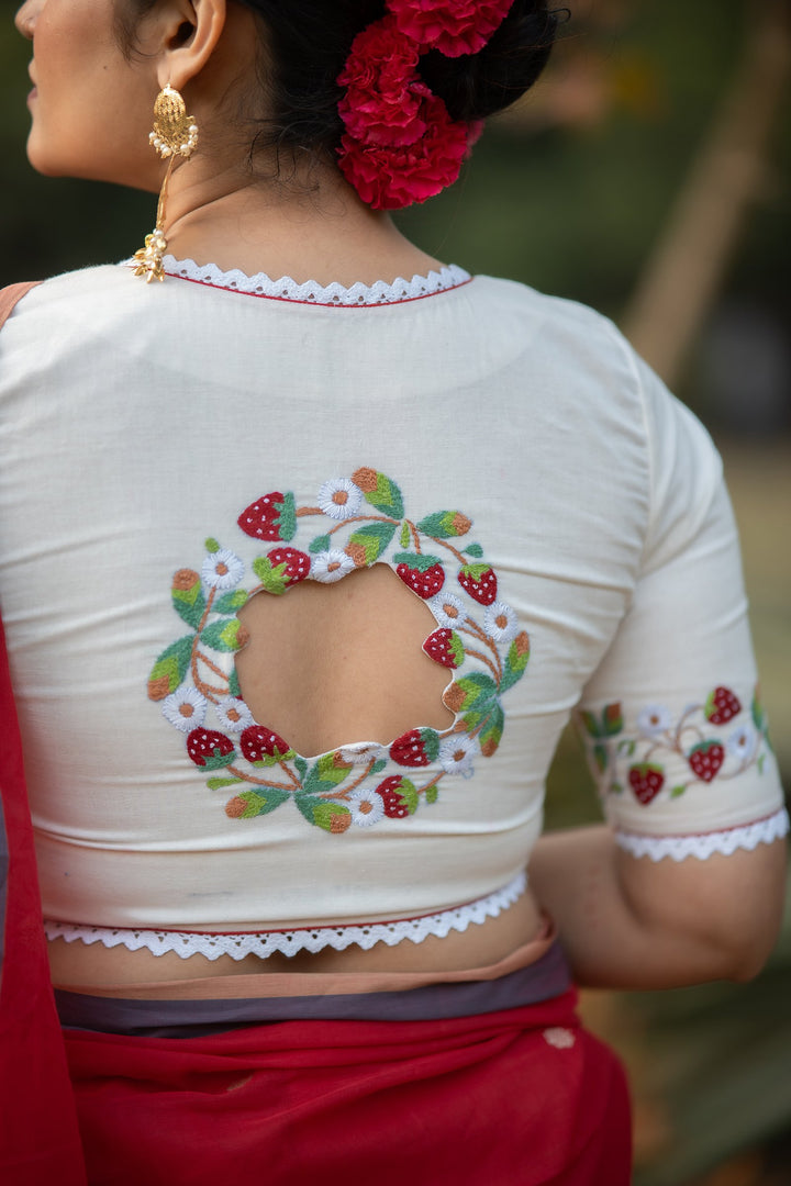Strawberry Kantha Embroidery Cotton Blouse