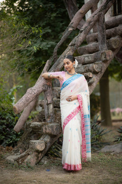 Akashi Golap – White Cotton Baluchari Saree
