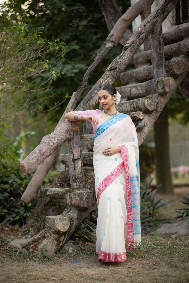 Akashi Golap – White Cotton Baluchari Saree