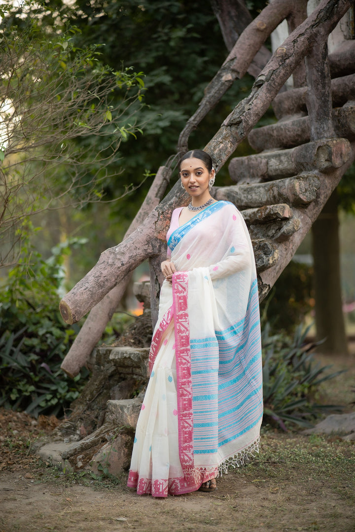 Akashi Golap – White Cotton Baluchari Saree
