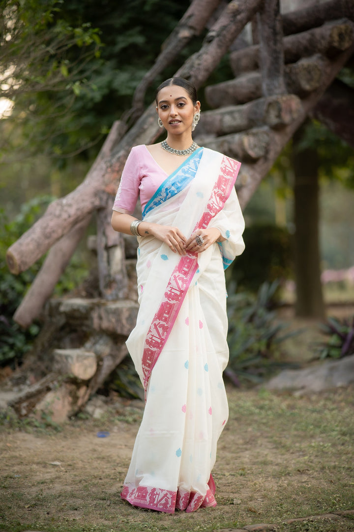 Akashi Golap – White Cotton Baluchari Saree