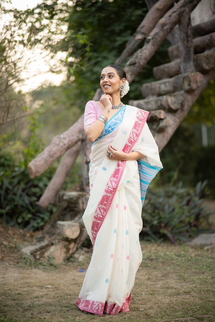 Akashi Golap – White Cotton Baluchari Saree