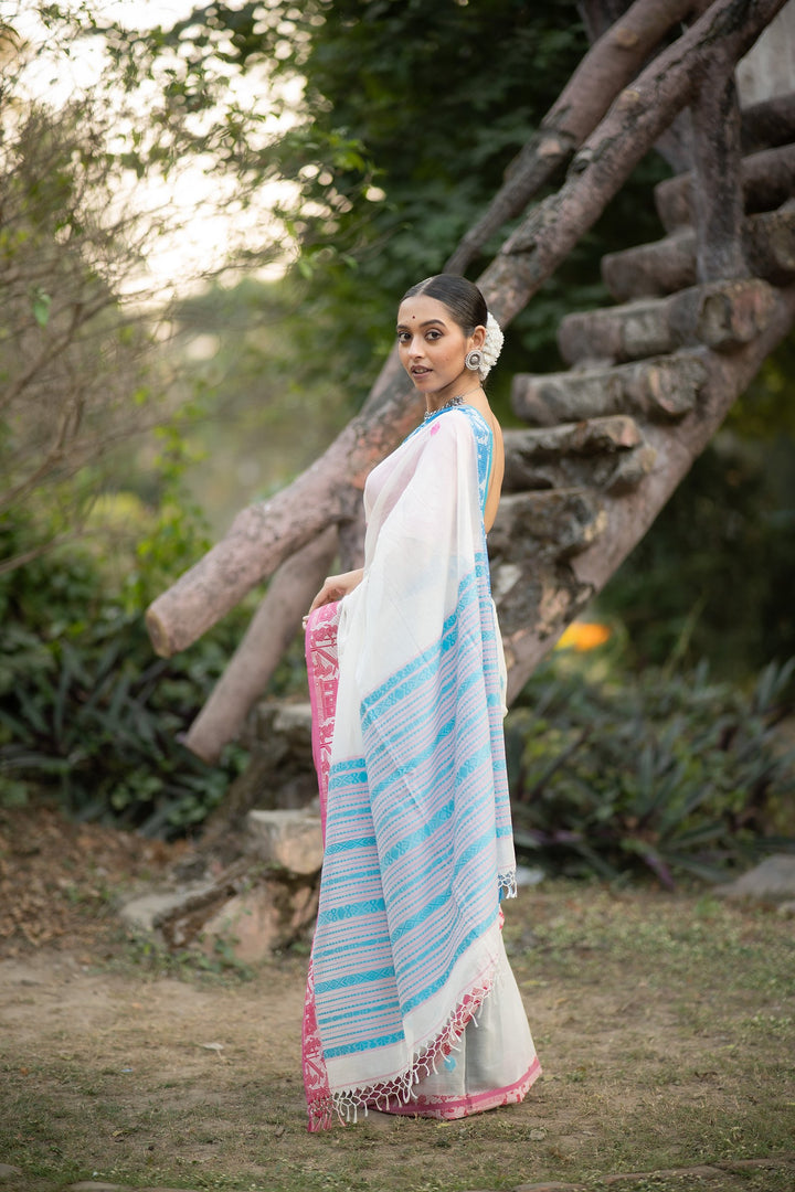 Akashi Golap – White Cotton Baluchari Saree