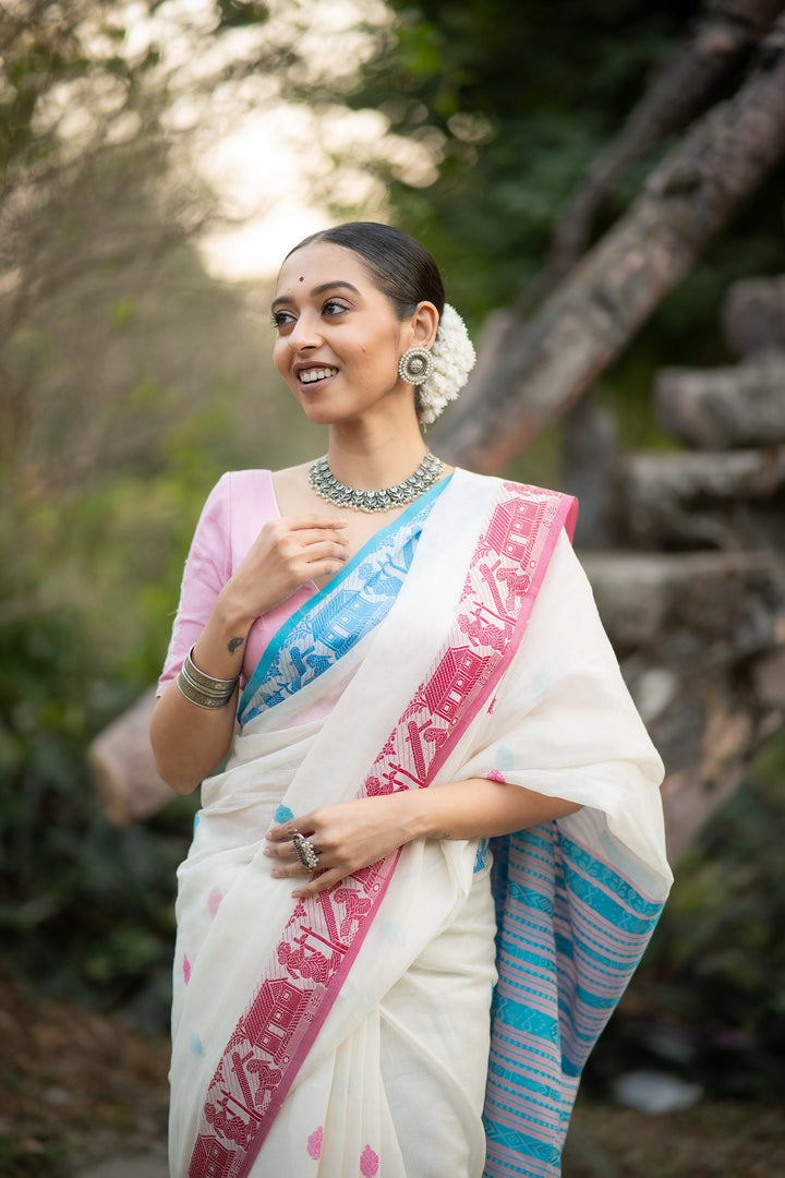 Akashi Golap – White Cotton Baluchari Saree