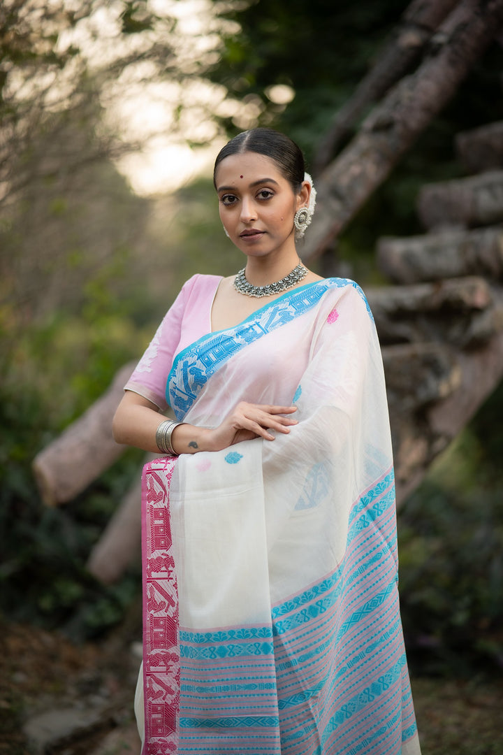 Akashi Golap – White Cotton Baluchari Saree