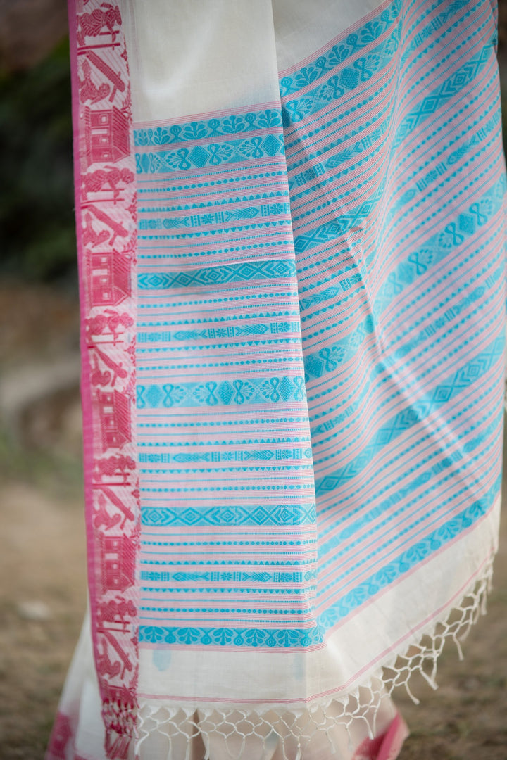 Akashi Golap – White Cotton Baluchari Saree