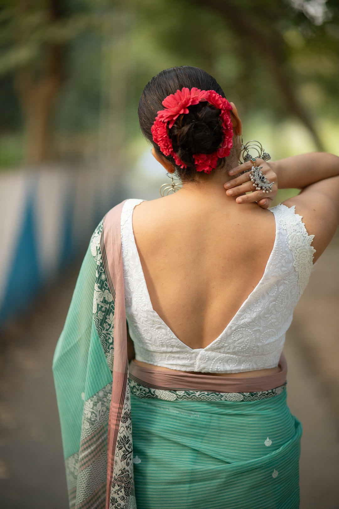 Pearl White Chikan Embroidery Blouse with Vintage Lace