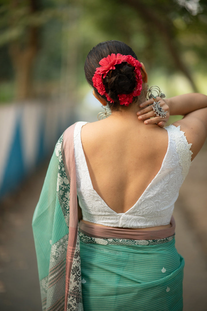 Pearl White Chikan Embroidery Blouse with Vintage Lace