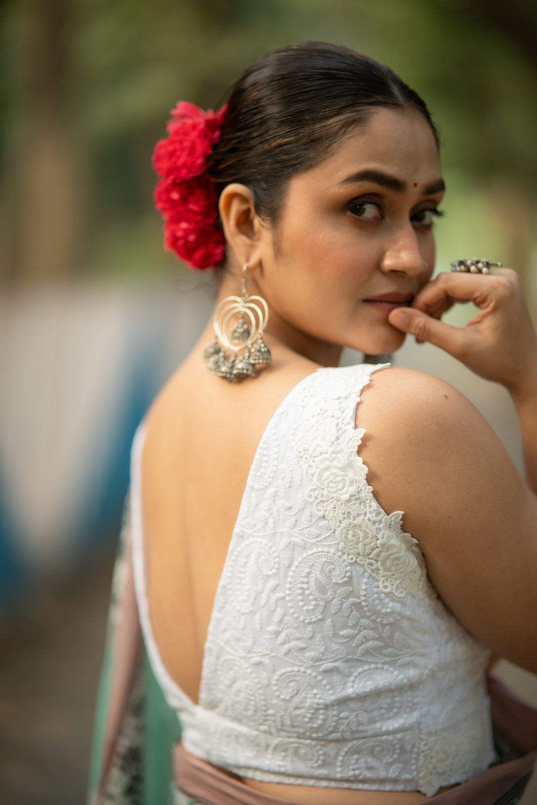 Pearl White Chikan Embroidery Blouse with Vintage Lace
