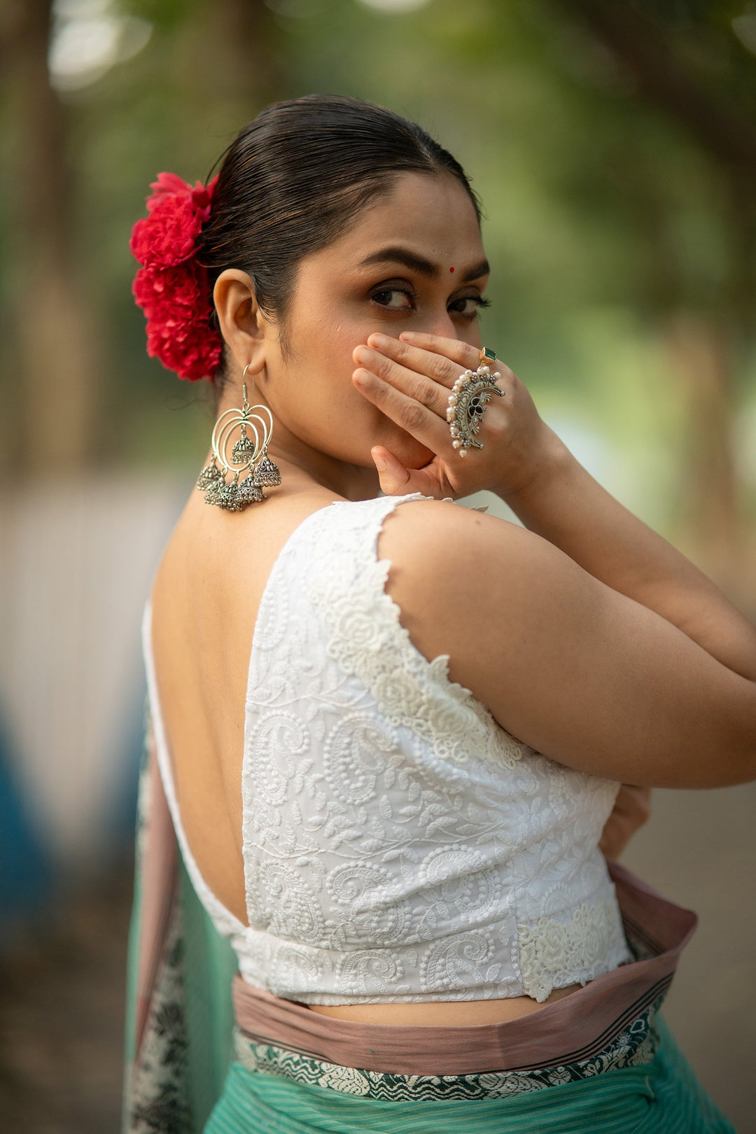 Pearl White Chikan Embroidery Blouse with Vintage Lace