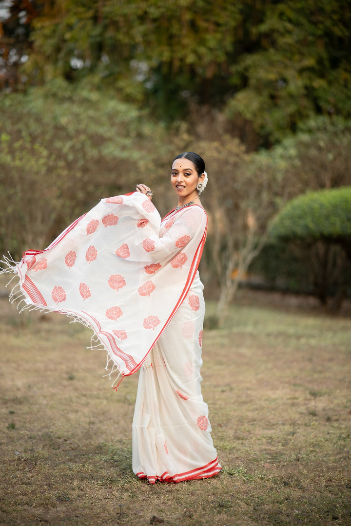 Lal Golap – Lal Sada Cotton Jamdani Saree