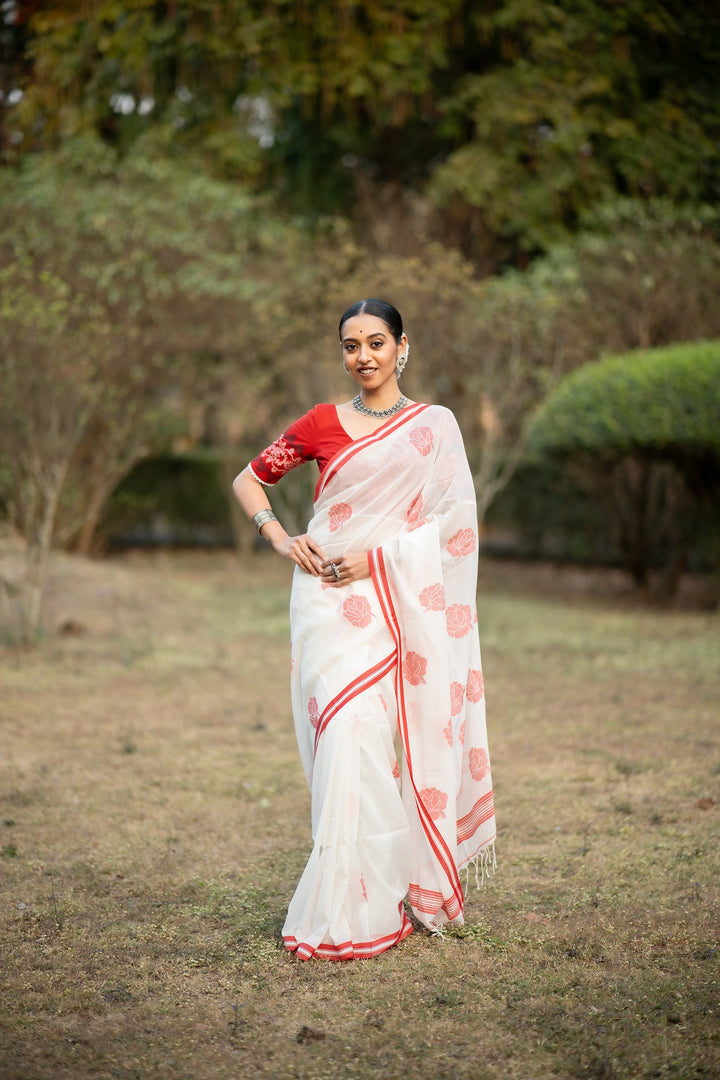 Lal Golap – Lal Sada Cotton Jamdani Saree