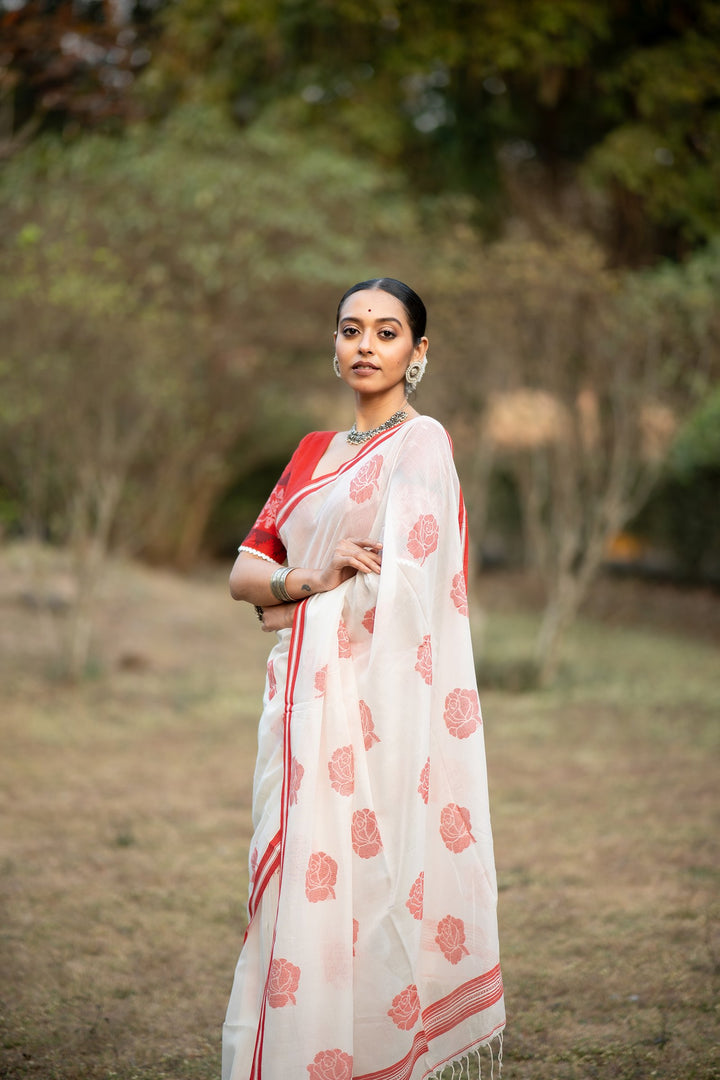 Lal Golap – Lal Sada Cotton Jamdani Saree