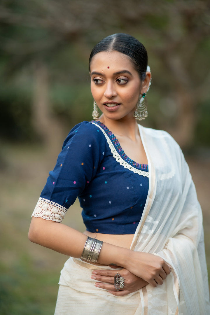 Neel Multi Buti Jamdani Cotton Blouse with Lace