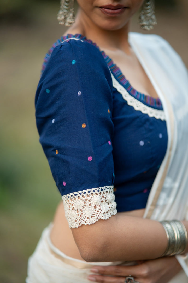 Neel Multi Buti Jamdani Cotton Blouse with Lace