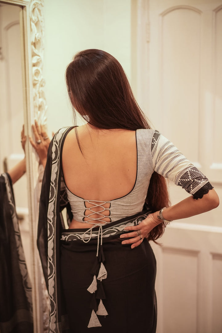 Megha Grey Cotton Jamdani Blouse – Handwoven with Tassel Back