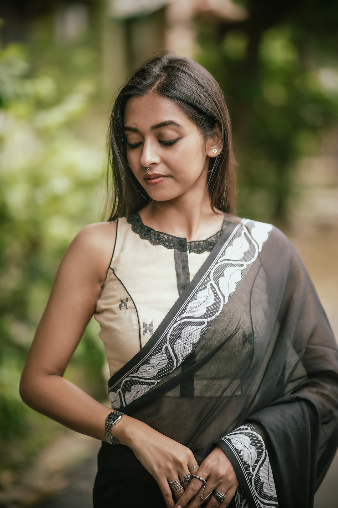 Vintage Mrittika Beige Cotton Jamdani Blouse - With Black Lace Accents