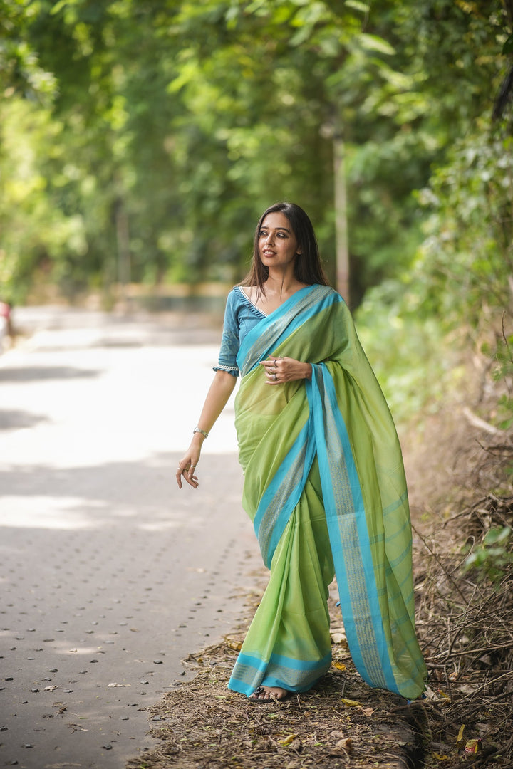 Titli Cotton Handloom Tangail Saree – Dual-Tone Green with Dark Sky Blue Weaves