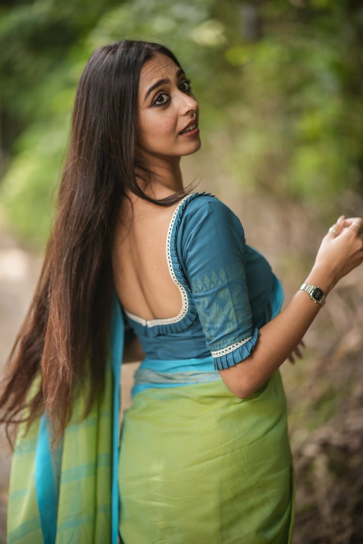 Teal Trishna Cotton Jamdani Blouse – Plunged V-Neck with Lace &amp; Lime Accents