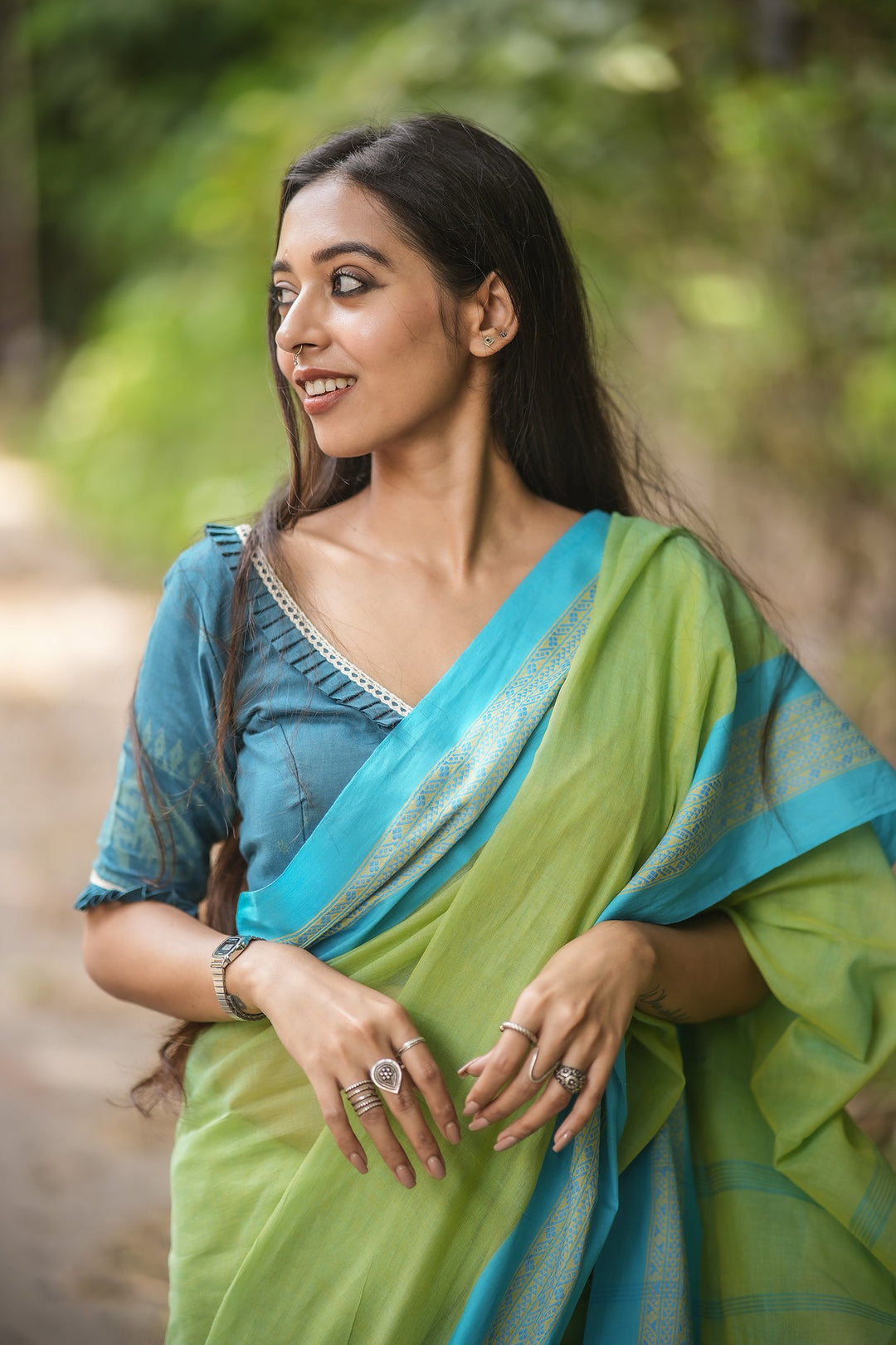Titli Cotton Handloom Tangail Saree – Dual-Tone Green with Dark Sky Blue Weaves