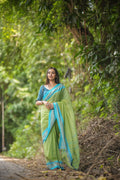 Titli Cotton Handloom Tangail Saree – Dual-Tone Green with Dark Sky Blue Weaves