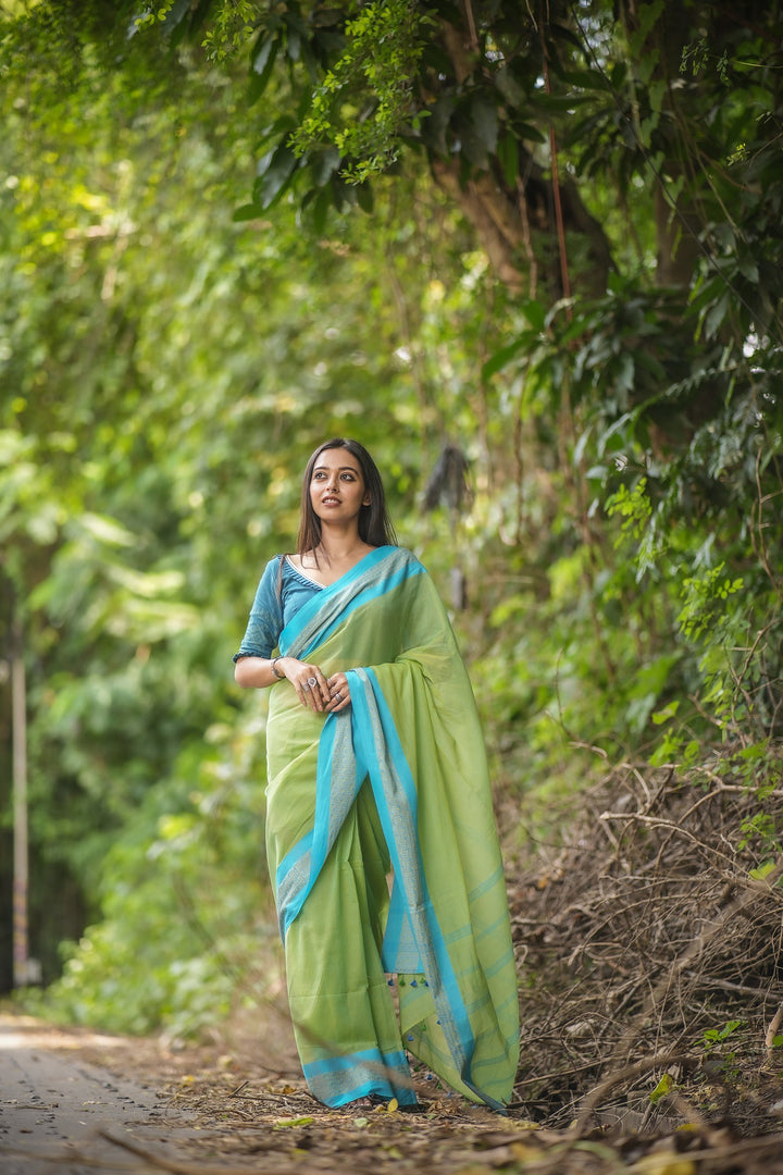 Titli Cotton Handloom Tangail Saree – Dual-Tone Green with Dark Sky Blue Weaves