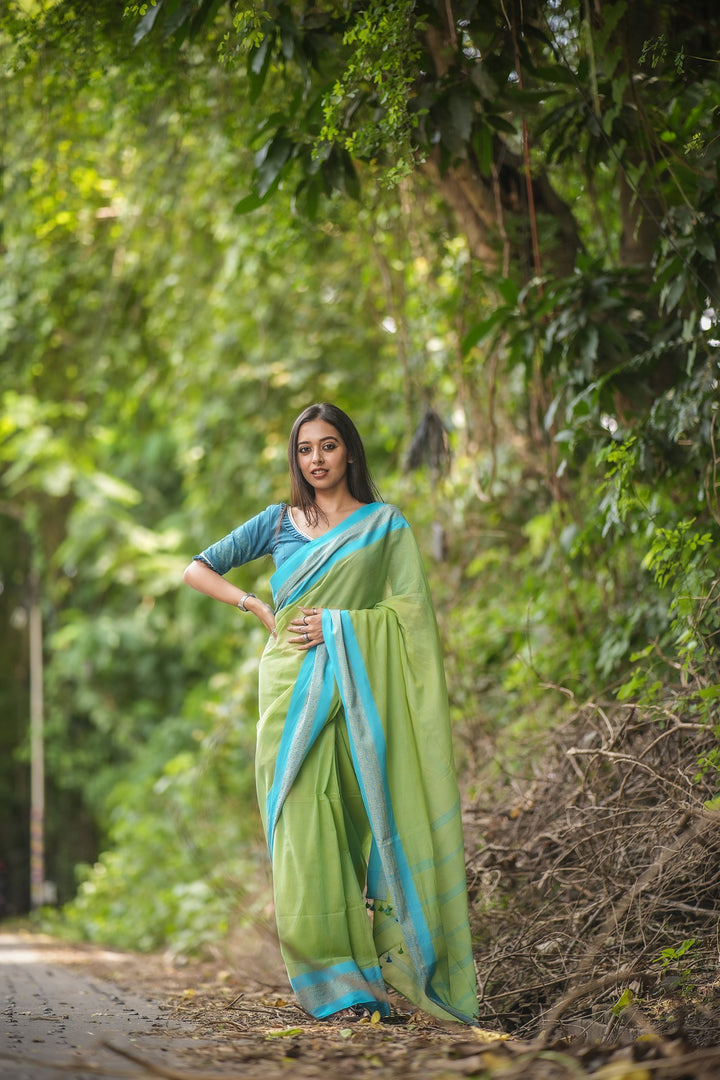 Titli Cotton Handloom Tangail Saree – Dual-Tone Green with Dark Sky Blue Weaves