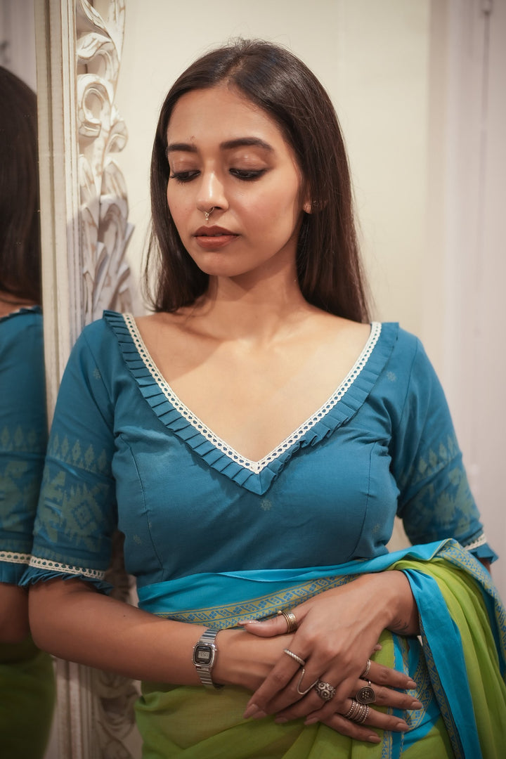 Teal Trishna Cotton Jamdani Blouse – Plunged V-Neck with Lace &amp; Lime Accents