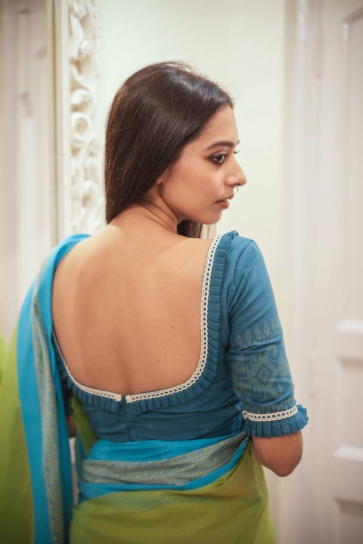 Teal Trishna Cotton Jamdani Blouse – Plunged V-Neck with Lace &amp; Lime Accents