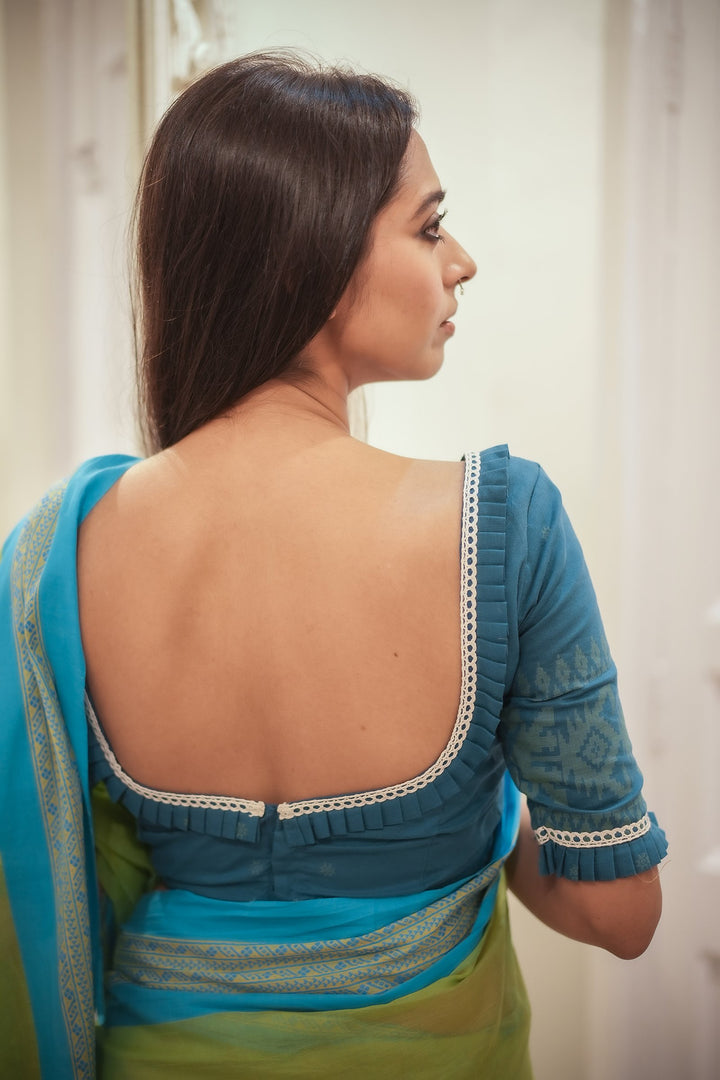 Teal Trishna Cotton Jamdani Blouse – Plunged V-Neck with Lace &amp; Lime Accents
