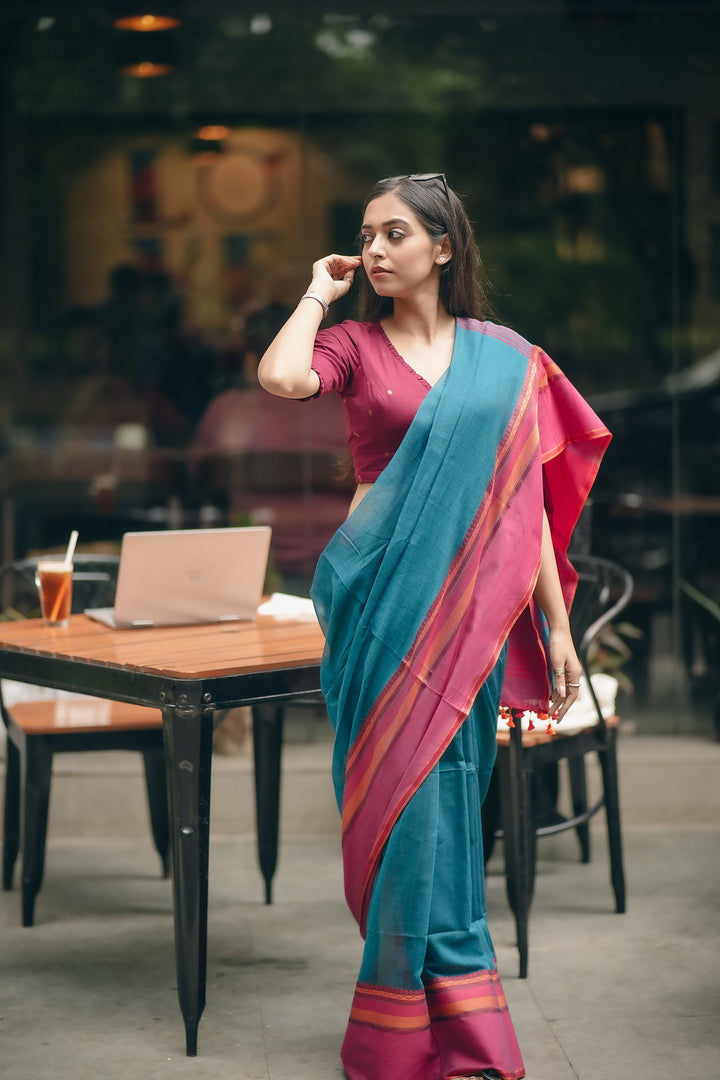 Mayuri Tangail Handloom Cotton Saree - Peacock Blue Elegance
